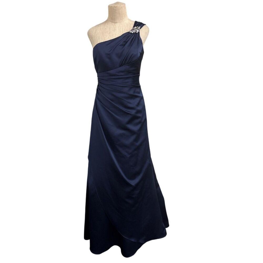 David's Bridal Navy One-Shoulder Formal Gown Sz. 10 NWT Rhinestone Maxi Dress - Picture 2 of 11